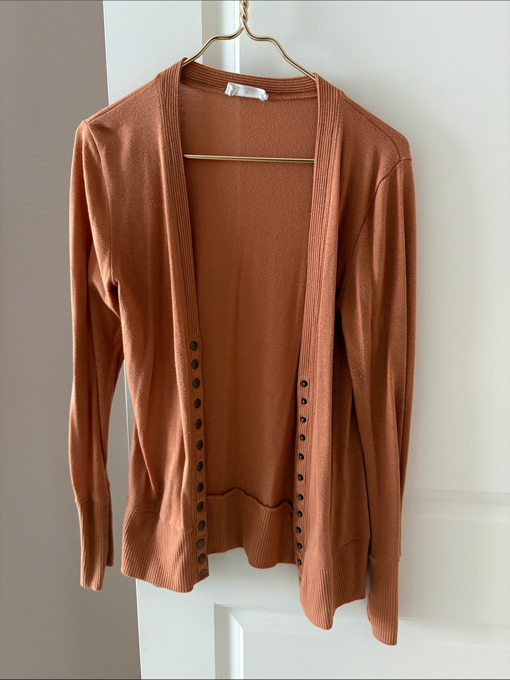 Rust Orange Open-Front Cardigan with Button Accent